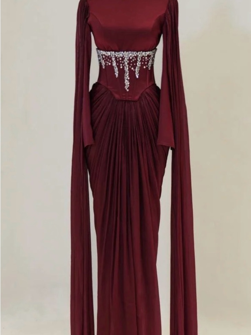 Long Sleeve Burgundy Evening Gown with Crystal Embellished Waist